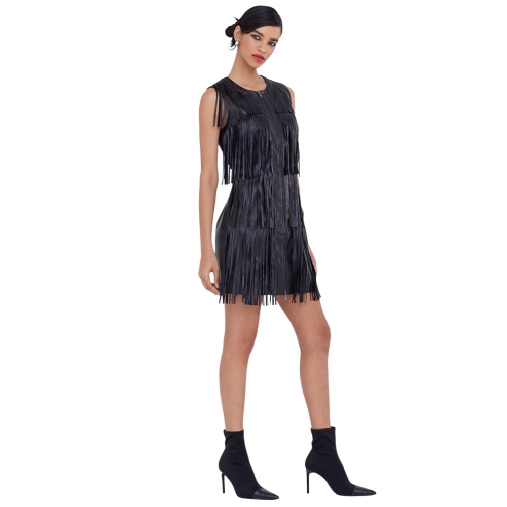 NEW! GABRIELLE UNION Vegan Leather Fringe Zip Up Sleeveless Dress Small